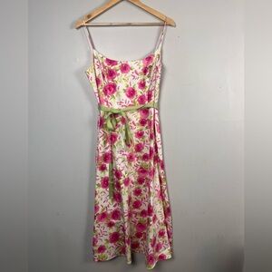 Coldwater creek white and pink rose printed midi length tie dress size 12 P